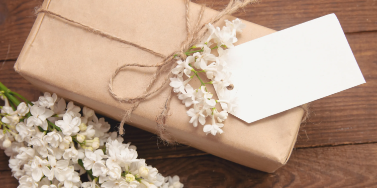 Wedding gift wrapped in brown paper